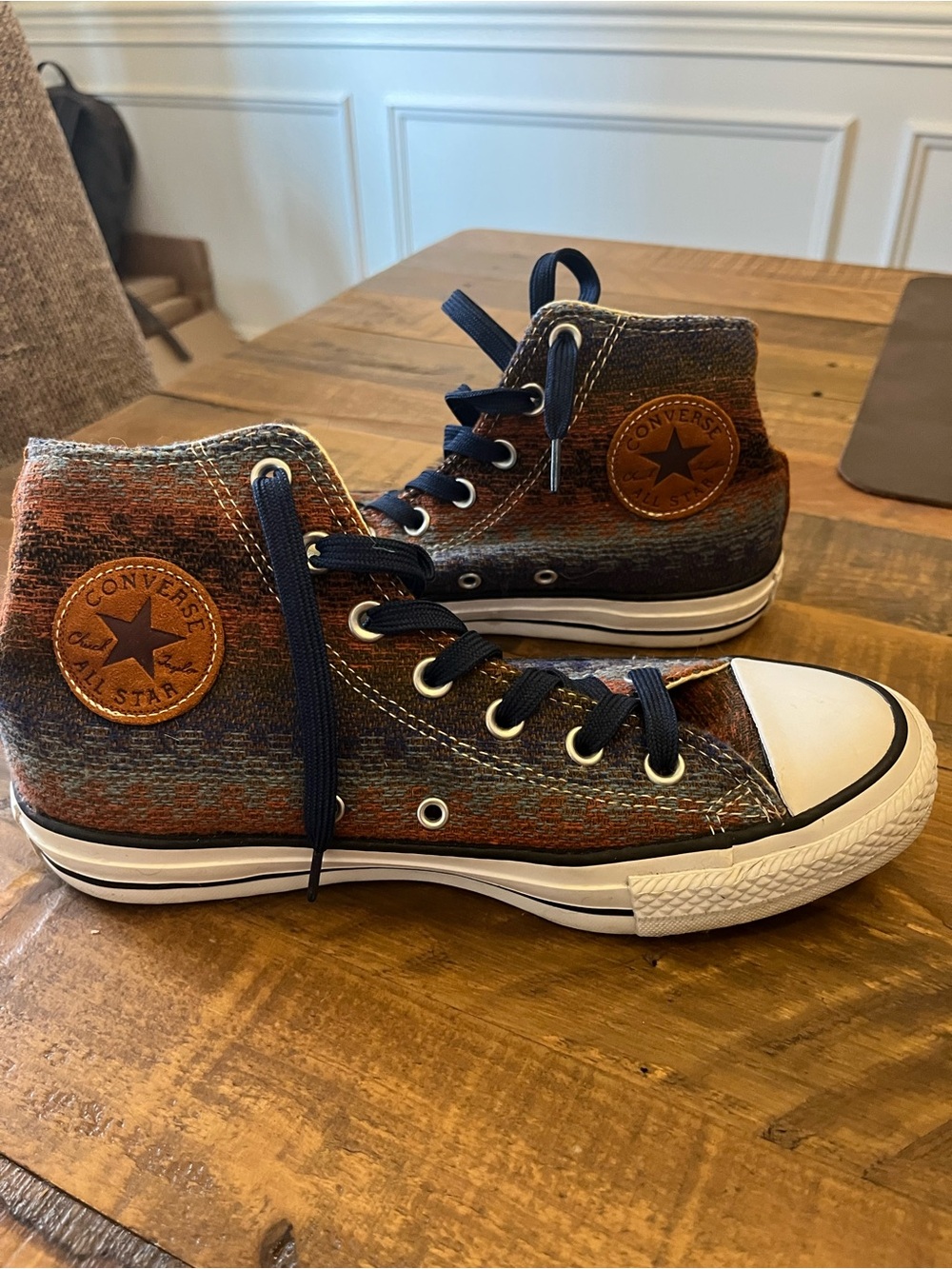Converse High Top Sneakers in Navy, Orange and Brown Knit